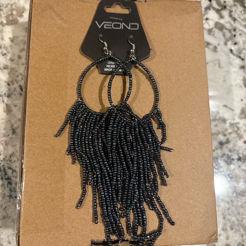 Black with a hint of dark navy Beaded Fringe Earrings